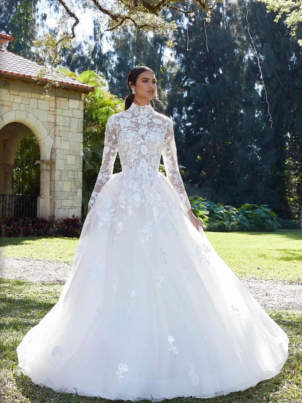 High-Neck White Lace Ball Gown Wedding Dress